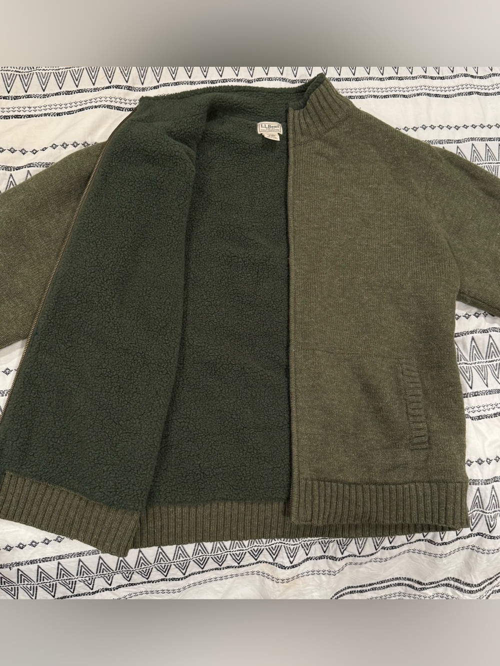 LL Bean Mens XL Lambs Wool Sherpa Fleece Full Zip Sweater Jacket Olive Green